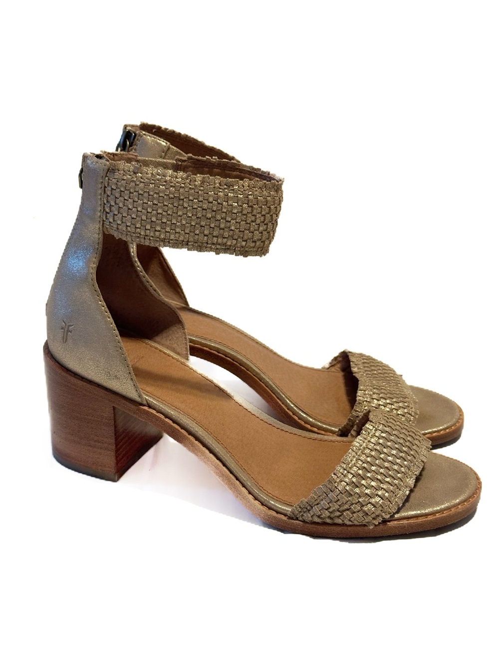 Frye Brielle Woven Back Zip Metallic Gold Leather Block Heel Sandals